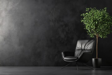 Aufkleber - Modern Interior with Black Leather Chair and Potted Tree Against Dark Textured Wall Minimalist Style Studio Shot