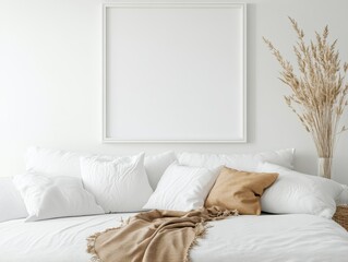 Aufkleber - Minimalist interior mockup featuring white frame above sofa with pillows and blanket in bright room, eye-level shot, home decor, neutral tones