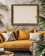 Aufkleber - Interior design with yellow sofa and blank frame on concrete wall in living room with plants closeup