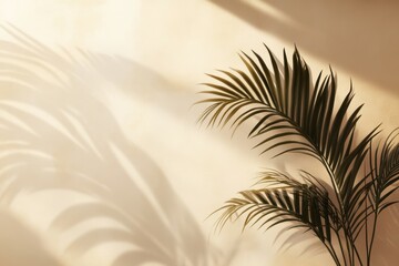 Poster - Palm Frond Shadow on Beige Wall Neutral Tones Interior Design Tropical Plant Minimalist Aesthetic Sunlight Warmth