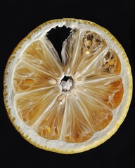 Poster - Dehydrated Lemon Slice on Black Background Close Up Still Life Top Down View Food Photography