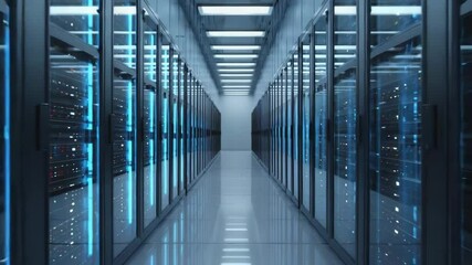 Poster - High-Speed Digital Data Streams in Futuristic Server Room with Glowing Lights

