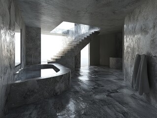 Fototapete - Modern minimalist bathroom interior design with staircase and natural light in luxury home spa setting