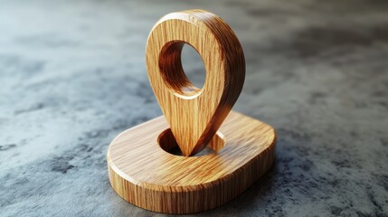 Poster - Wooden Location Pin Close Up Still Life on Textured Gray Surface Indicating Position or Navigation for Travel and Business