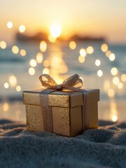 Poster - Golden gift box on beach sand at sunset bokeh lights holiday celebration present surprise romantic vacation destination