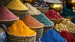 © avila - Vibrant display of colorful spices.  A wide array of powdered and whole spices in various colors, textures, and containers, creating a captivating visual display