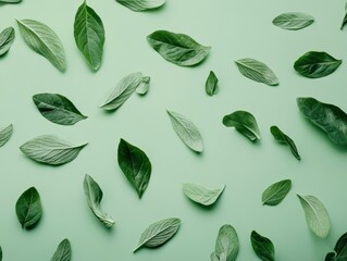 Poster - Fresh green leaves flat lay on mint background studio shot nature botanical backdrop organic leaf pattern top view minimalist design