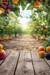 Aufkleber - Fruit orchard vista with wooden table foreground, grapes, oranges, apples, blueberries, rustic, natural, sunny, farm, agriculture, healthy, food, harvest, summer