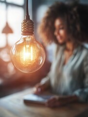 Poster - Lightbulb illuminates woman working at desk in modern office interior; warm tones, close-up, idea concept, creative workspace