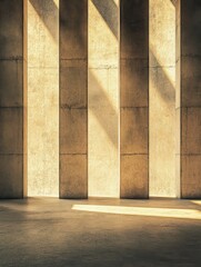 Aufkleber - Abstract architectural detail of concrete pillars with sunlight casting shadows in a minimalist style indoor space