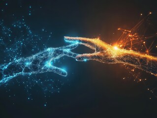 Leinwandbilder - Digital hands reaching out in a symmetrical composition concept of connection technology and artificial intelligence in a studio shot