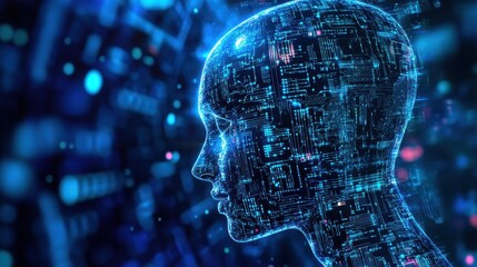 Poster - A futuristic digital silhouette features intricate circuit patterns in blue tones, representing the fusion of technology and humanity. Ideal for innovation themes.
