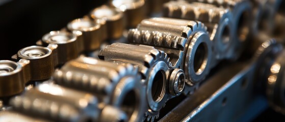 Poster - Close up of Interlocking Metal Gears and Chain in Industrial Machine in Studio Shot for Engineering Concept