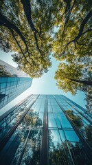 Poster - Skyscrapers and trees converge in an upward perspective offering a unique urban nature view in a city park environment with sky