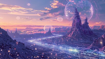 Poster - Explore a stunning artistic vision of a digital transformation landscape featuring colorful mountains and futuristic elements under a vibrant sky.