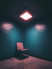 Aufkleber - Empty chair in corner under red light perspective shot of room with brick walls and concrete floor