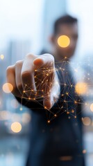 Aufkleber - Man Pointing at Futuristic Network Connection in Cityscape Blurred Background Close Up Shot
