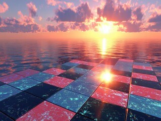 Poster - Sunset over Water with Tile Platform Abstract View Serene Peaceful Scene Calm Ocean Horizon Glowing Sky Clouds