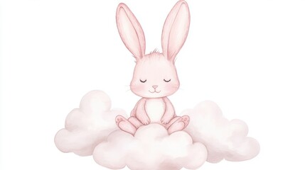 Leinwandbilder - Dreamy Pink Bunny Sitting on Clouds Watercolor Illustration Isolated on White Background Cute and Serene for Kids Decor