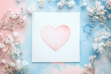 Poster - Greeting card with floral background and a central heart shape featuring blank space for personalized messages or quotes.


