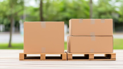 Poster - Three cardboard boxes sit on wooden pallets outdoors, ready for shipping or storage, with greenery blurred in the background.