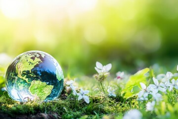 Poster - Earth Globe on Moss with White Flowers in Nature Environment for Ecology Concept