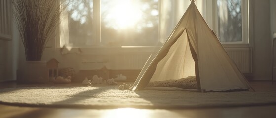 Poster - Cozy Indoor Play Tent at Golden Hour, Low Angle View of Children's Teepee in Warm Sunlight, Scandinavian Design