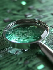 Fototapete - Magnifying glass examining green circuit board close up shot for technology or computer science concept