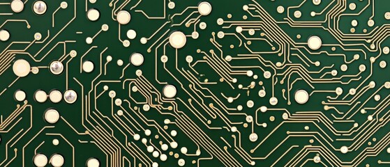 Fototapete - Close up of a green computer circuit board with gold traces and silver components detail