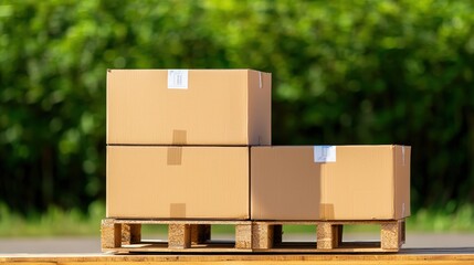 Poster - Three cardboard boxes stacked on a wooden pallet outdoors, with greenery blurred in the background.