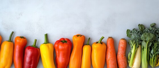 Poster - Colorful Vegetables Displayed in a Row on Grey Background Overhead Flat Lay of Fresh Peppers Carrots and Broccolini for Healthy Eating