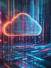 Leinwandbilder - Digital cloud computing with data streams and circuit board landscape illustration