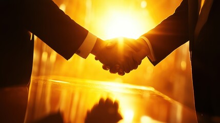 Poster - Business Handshake Close Up in Golden Light Symbolizing Agreement Partnership Success Cooperation