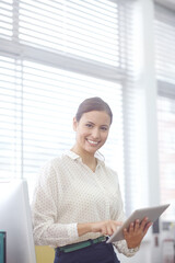 Leinwandbilder - Business, woman and portrait with tablet for receptionist internship, administration and online for human resource work, Girl, technology and secretary for job training, skill development and office.