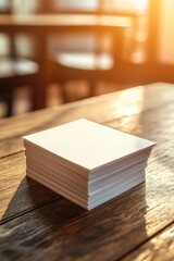 Poster - Stack of Blank White Business Cards on Wooden Table in Warm Sunlight Close Up Studio Shot for Mockup Display