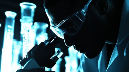 Poster - Scientist in Lab Coat Examining Sample Under Microscope with Test Tubes in the Background
