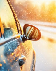 Aufkleber - Car side mirror detail in winter snowstorm with bright sun light and frozen frost on vehicle in close up shot