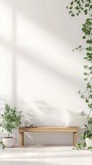 Poster - Minimalist Interior with Wooden Bench Plants and Natural Light for Simple Living and Relaxation