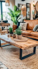 Poster - Rustic living room with natural wood coffee table and leather couch in bohemian style