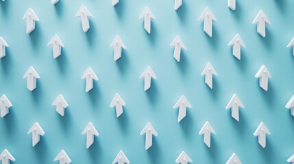 Poster - Arrows Pointing Upwards in a Pattern on Blue Background Top-Down View Symbolizing Growth Success and Directional Movement in Business and Life