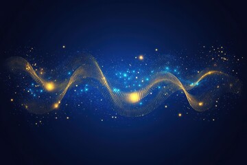 Poster - Abstract golden wave on dark blue background with glowing particles and stardust digital art