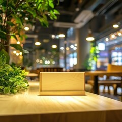 Aufkleber - Blank wooden table tent on restaurant table in soft focus inviting atmosphere for custom message or branding opportunity