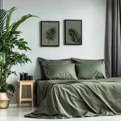 Aufkleber - Bedroom interior with green bedding and tropical plants in frames and pot in a modern style setting