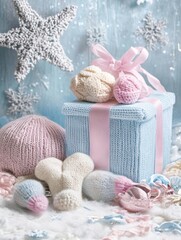 Poster - Knitted Christmas Gift Box with Pink Ribbon and Handmade Decorations in Pastel Colors Festive Holiday Still Life