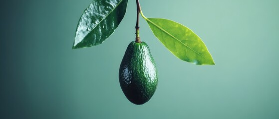 Aufkleber - Single Avocado Hanging from Branch Against Soft Green Background in Studio Lighting