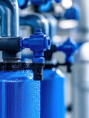 Aufkleber - Industrial water filtration system close up blue pipes and valves in a modern facility for water treatment and purification
