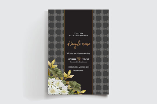 WEDDING INVITATION FRAME WITH FLOWER DECORATIONS AND FRESH LEAVES