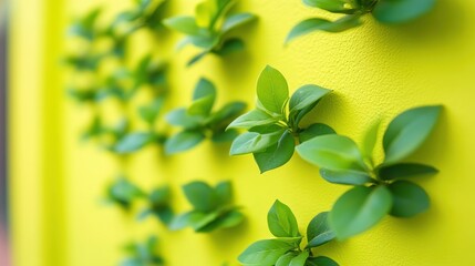 Poster - Green Leaves Growing on Yellow Wall Close Up Vertical Garden Concept Natural Beauty and Freshness Springtime Growth