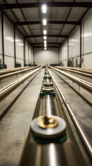 Poster - Industrial Conveyor System Close Up Perspective in Factory Interior with Metal Rollers and Overhead Lighting