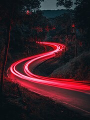 Poster - red light trails on winding mountain road at night long exposure motion blur landscape scenic view